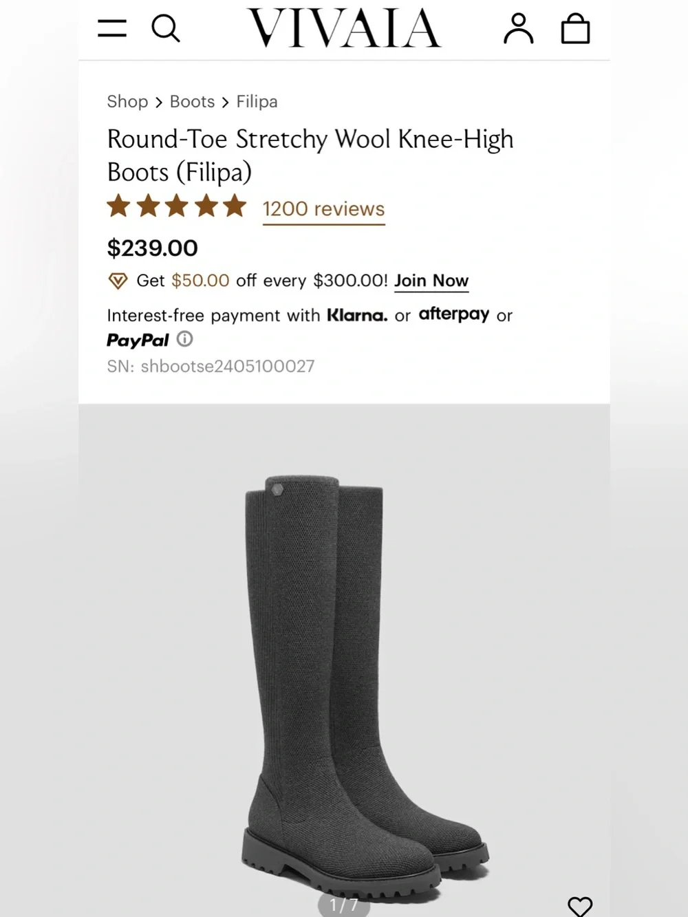 Vivaia Filipa Knee High Boots Chunky Lug Size 7 Gray Water Repellent Stretchy